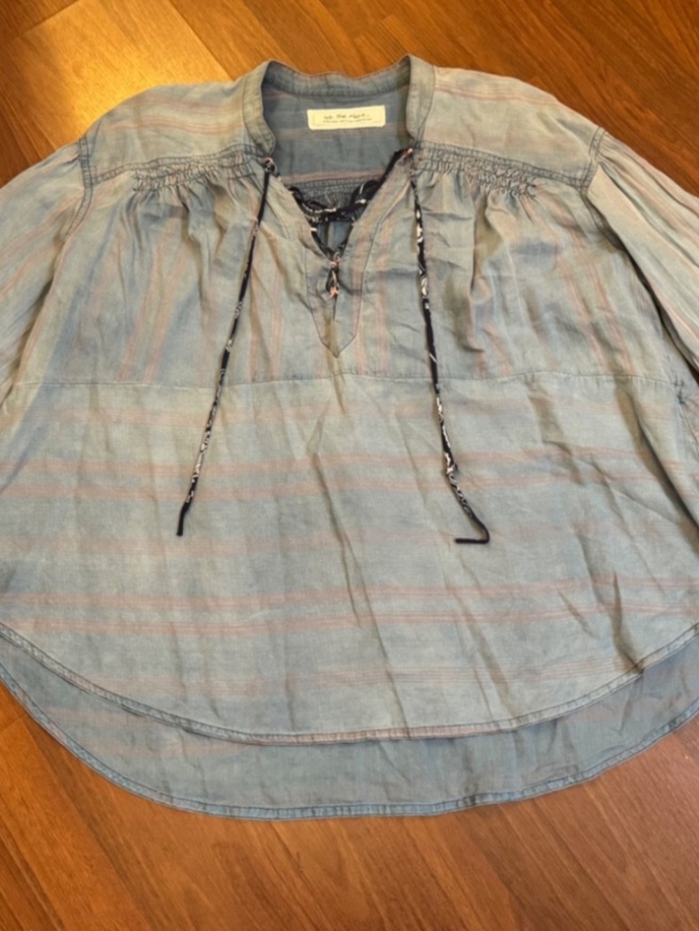 We the Free People Stripe Peasant Boho Lace Up Shirt Relaxed Blue Pink Sz.XS EUC